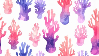 Fototapeta premium Colorful coral and seaweed seamless pattern in watercolor style on white background