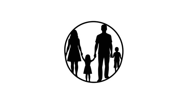 Family of four silhouette icon holding hands inside a circle