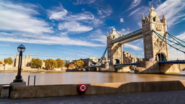 Tower Bridge in London, UK, United Kingdom. Time lapse. People walking.