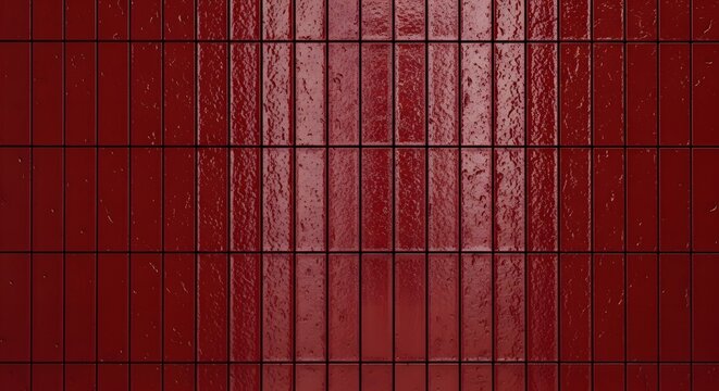 Deep red glossy ceramic rectangular wall tiles arranged in a vertical grid pattern with reflective surface texture and dark grout lines for interior decor