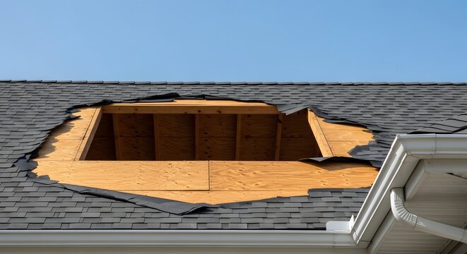 Damaged residential roof with a large hole revealing the wooden plywood decking and structural rafters under a clear blue sky, showing signs of storm wind damage