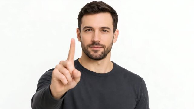 Serious person with closed eyes raising one finger on neutral background, suitable for advice, announcements, workplace topics, and guidance.
