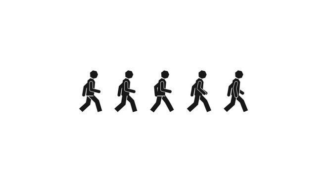 Five black pedestrian icons walking in a row on white