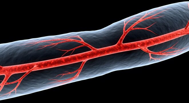 Detailed medical of a human vessel or artery with branching capillaries showing red flow inside a translucent tubular structure