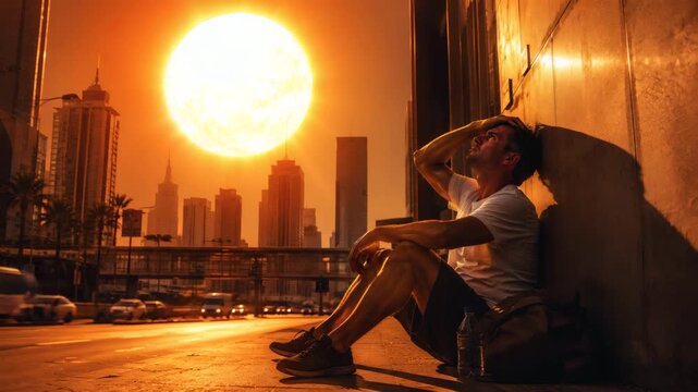 Exhausted person resting on urban street during extreme weather, showing climate impact, dehydration danger, public health concerns, and outdoor safety.
