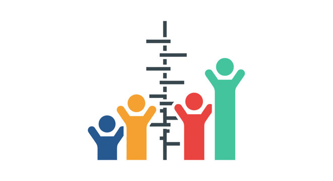 Four colorful people icons measuring height on a vertical scale