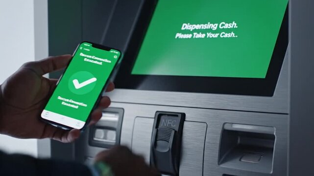 Man uses smartphone for cardless cash withdrawal at an atm machine