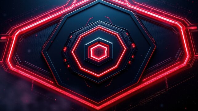 Futuristic design features nested hexagonal shapes. Red neon lights outline dark blue metallic surfaces. Complex circuitry visible. Dramatic lighting creates depth.