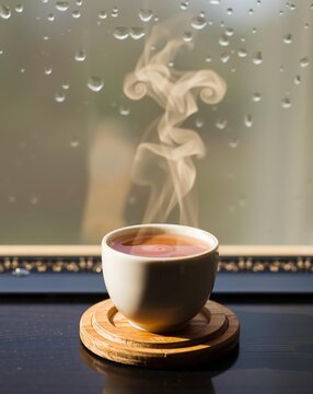 A steaming cup of tea sits on a wooden coaster with a blurred background of raindrops.
