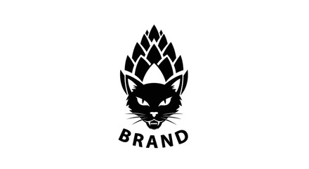 A stylized black silhouette of a feline face with pointed ears beneath an abstract flame, with bold "BRAND" text underneath © Keong