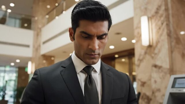 Businessman in black suit checking receipt at atm machine