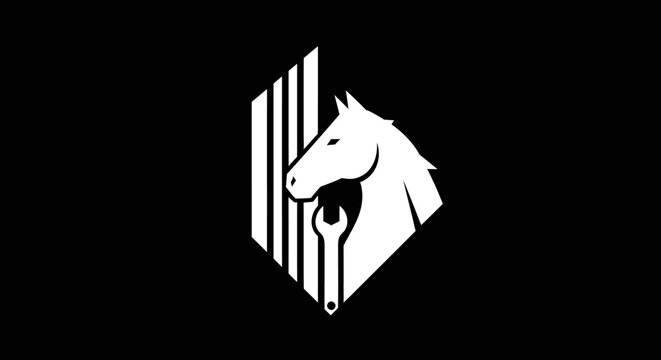 Abstract black and white illustration of a horse's head within a diamond, featuring bold lines and a stylized open mouth
