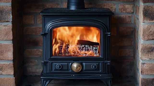selective focus traditional open fireplace with visible flame surrounded by rustic brickwork in countryside home