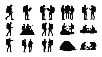 collection of hiker and camper silhouettes with backpacks and tent on white background silhouette © Kalam