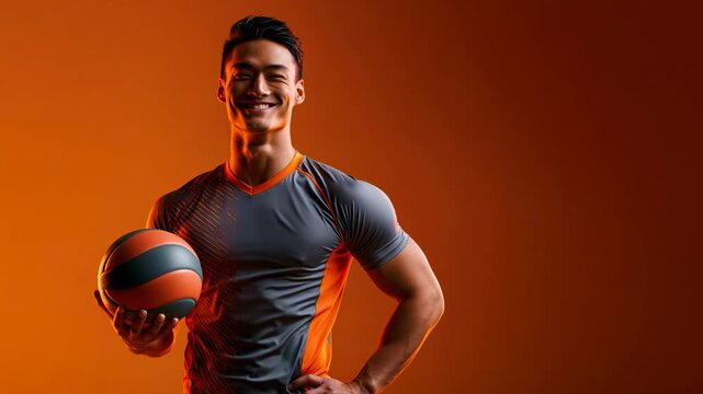 Confident smiling male volleyball athlete holding ball in orange and gray sportswear with strong posture on vibrant orange background sports scene