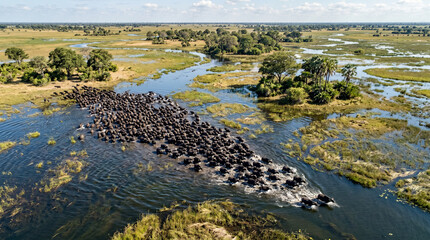 Aerial view of a large herd of buffalo moving through water in the plains of the Okavango Delta, Botswana  © pinan