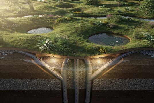 Green Roof Subsurface Water Filtration System in Urban Landscape
