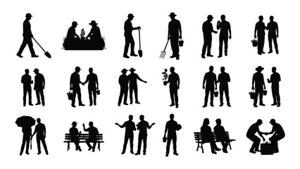 Collection of farmer and people silhouettes enjoying rural life and outdoor activities silhouette © Kalam