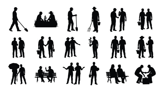 Collection of farmer and people silhouettes enjoying rural life and outdoor activities silhouette