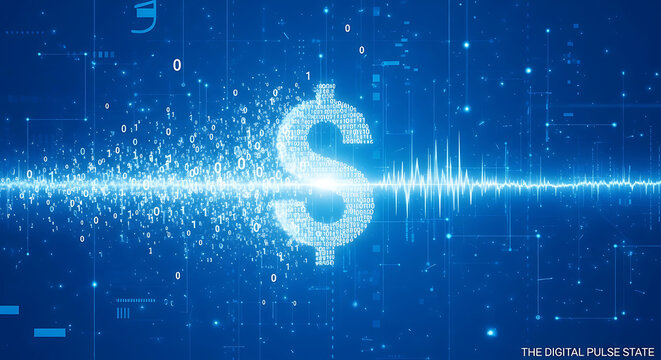 Digital Dollar Sign with Binary Data and Financial Pulse Waveform