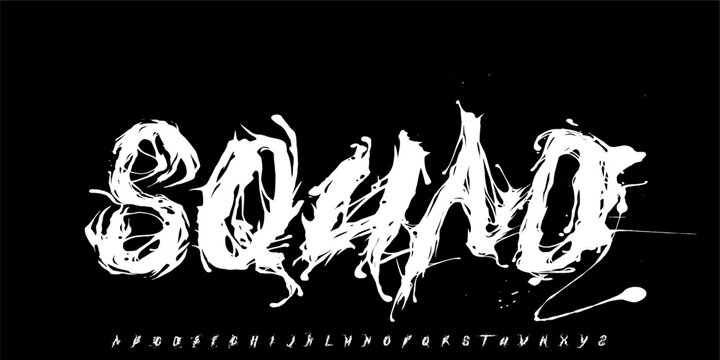 Graffiti squadbrush font alphabet in urban street art style. Handwritten typography with ink dripping effect, featuring uppercase and lowercase letters. Perfect for streetwear, music posters, hip hop 