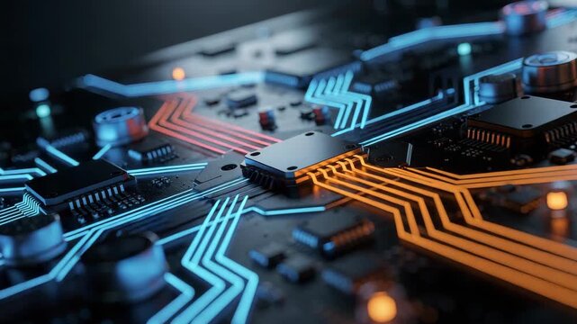Futuristic glowing circuit board with flowing blue and orange data in a high tech digital network
