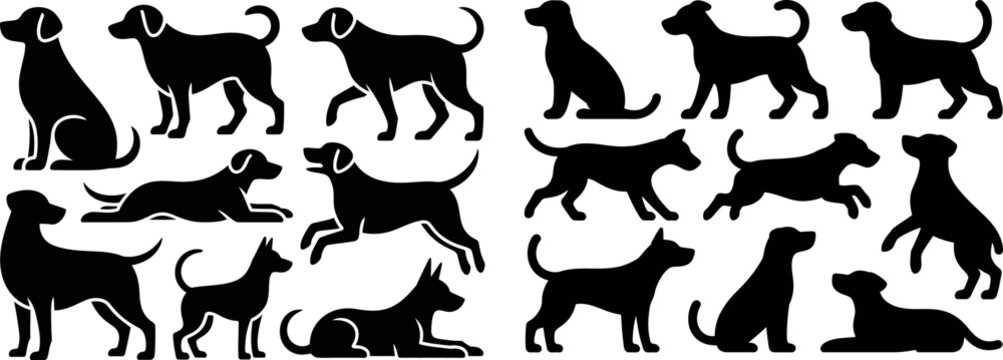 Assortment of dog silhouettes in various poses on white background with the graphic sho