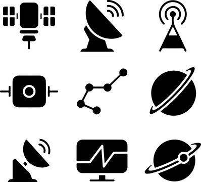 Space technology icon set with satellite dish telecom antenna radar and planet communication systems