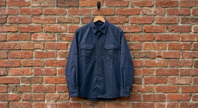Blank Navy Blue Tactical Long Sleeve Shirt Mockup on Brick Wall Background