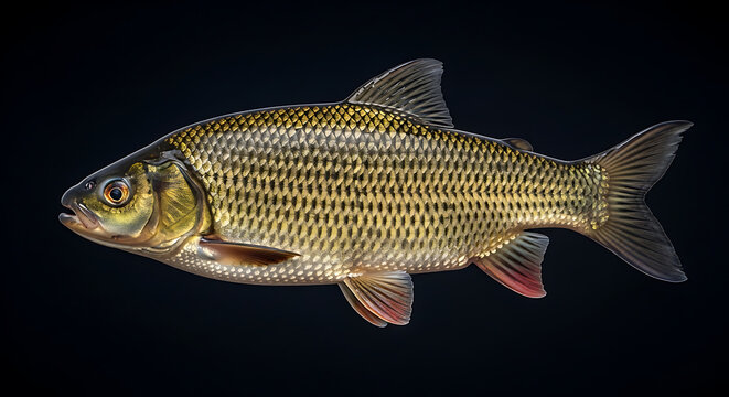 Freshwater Rudd fish side profile view on solid black background