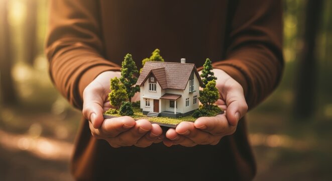 Real estate person holding a miniature house model with trees in their hands