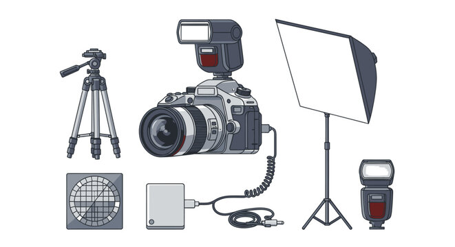 Photography equipment illustration camera tripod flash and softbox on white