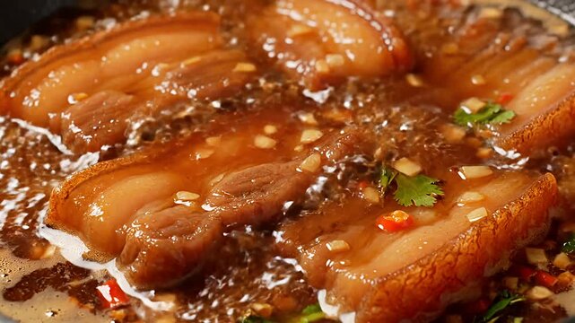 Close-up of sliced meat in a savory brown sauce with herbs and spices.