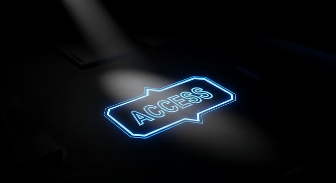 Futuristic Neon Blue Access Sign Glowing in Dark Cyber Environment