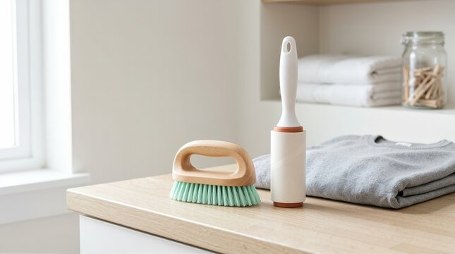 Cleaning brush and lint roller on a wooden countertop. Garment care tools next to a folded grey sweater. Copy space for text
