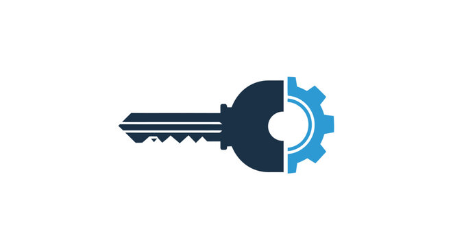 Blue key combined with gear icon on white background