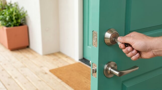 Hand inserting key into deadbolt lock on teal front door. Home security and safety concept. Close up of locking door