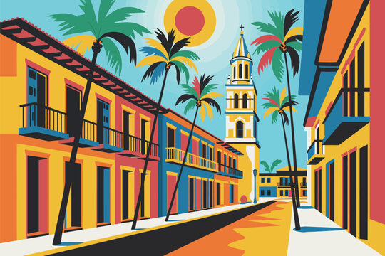Tropical street scene with colorful buildings and palm trees tropical colorful