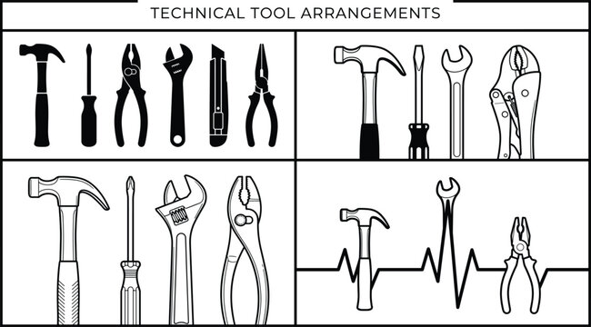 Creative Arrangements of Technical Hand Tools with Silhouettes and Outlines Including Hammer, Wrench, Pliers, and Screwdriver