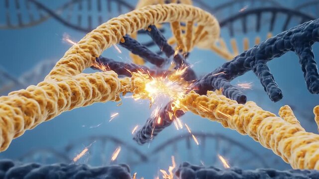Dna Helix Breaking Apart with Sparks Flying