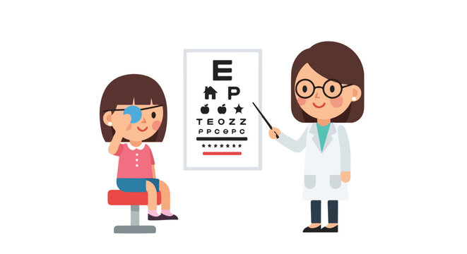 A female optometrist conducts a vision test for a young girl using an eye chart in this flat vector illustration of a medical checkup.