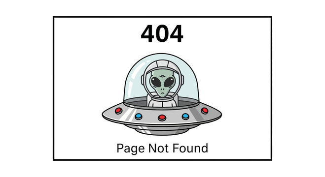 Alien in UFO Flying Saucer with 404 Page Not Found Error Message