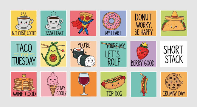 Cute food character sticker collection with funny puns