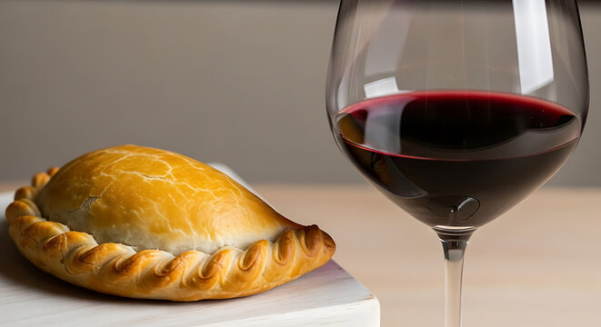 Golden baked empanada and red wine glass on light wooden surface