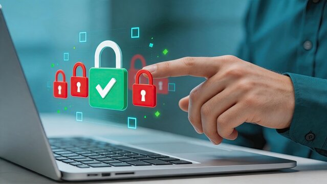 Businessman touching digital padlock icon on laptop screen, cybersecurity concept, data protection and network security firewall technology for safe internet browsing and privacy