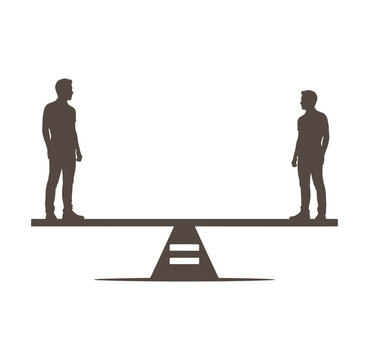 Two men standing on a seesaw in balance and equality concept