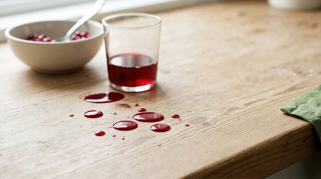 Spilled drops of red pomegranate juice on a light wooden table. Glass of juice and bowl of seeds in the background. Messy kitchen surface