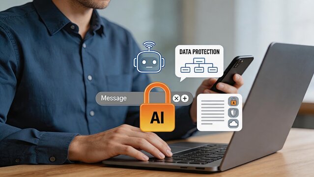 Person using laptop and phone with artificial intelligence robot and data protection graphics, illustrating AI technology for cybersecurity and automated message encryption.