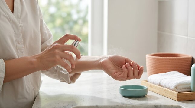 Person spraying perfume on their wrist in a bright bathroom. Hands applying fragrance from a glass bottle over a marble counter. Daily personal care and beauty routine