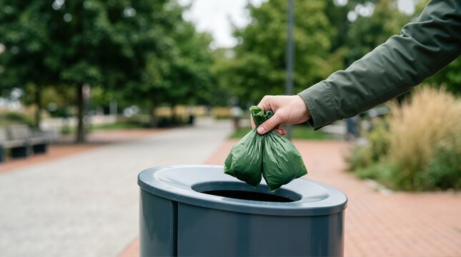 Hand throwing tied green dog poop bags into a public trash bin. Pet owner cleaning up waste in an outdoor park